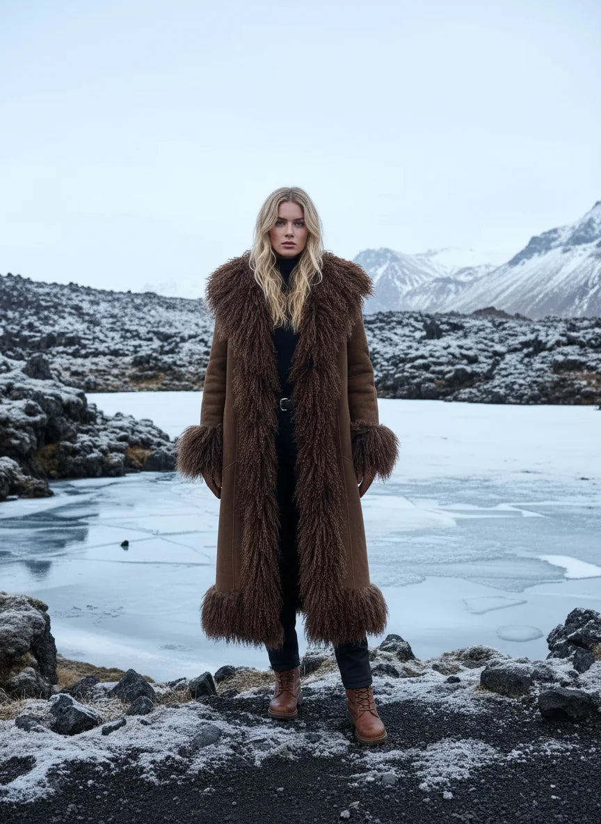 Brúnn lambaskinnsjakki með lambaloði (sýniseintak)